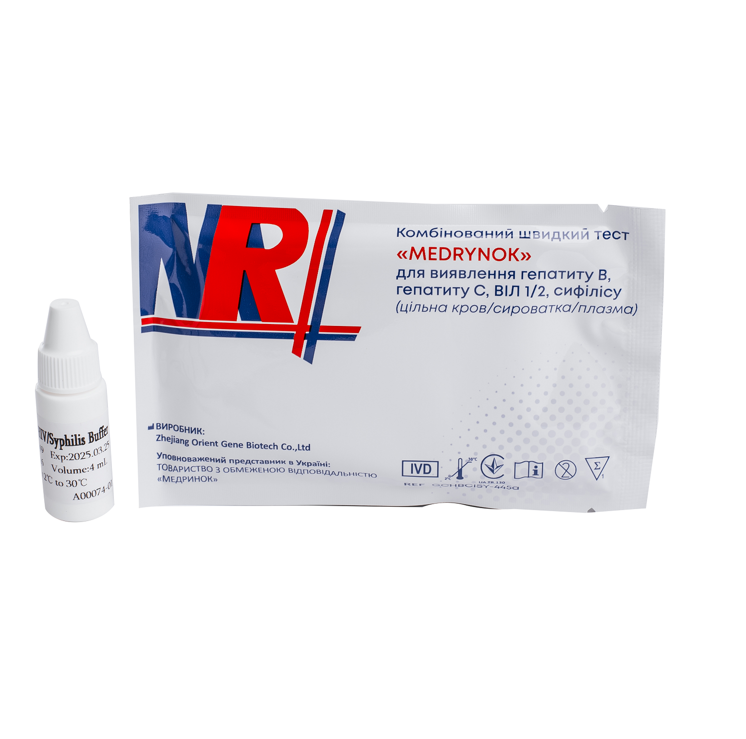 Комбінований швидкий тест "MEDRYNOK" для виявлення гепатиту В, гепатиту С, ВІЛ 1/2, сифілісу (цільна кров/сироватка/плазма)